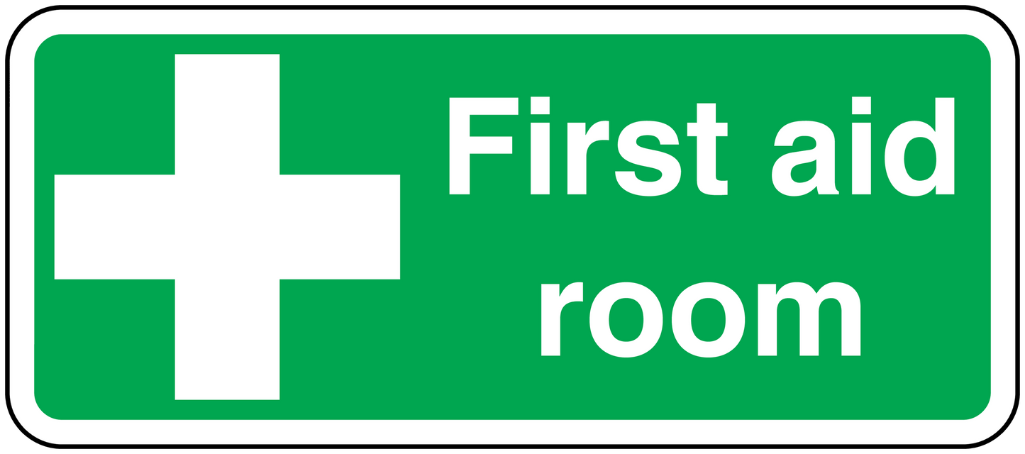 Green first aid room sticker with white cross and 'First aid room' text