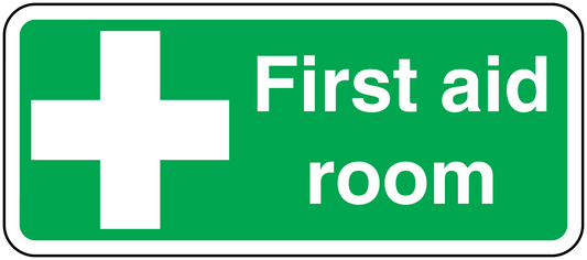 Green first aid room sticker with white cross and 'First aid room' text