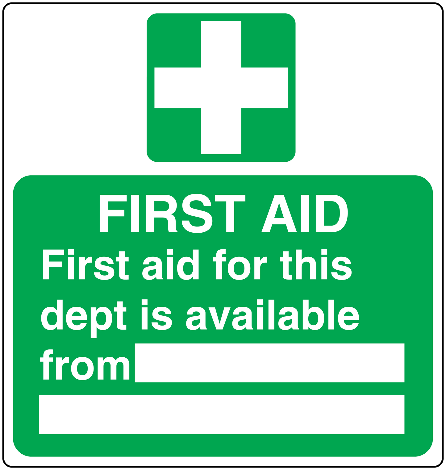 Green first aid sign sticker with white medical cross and text