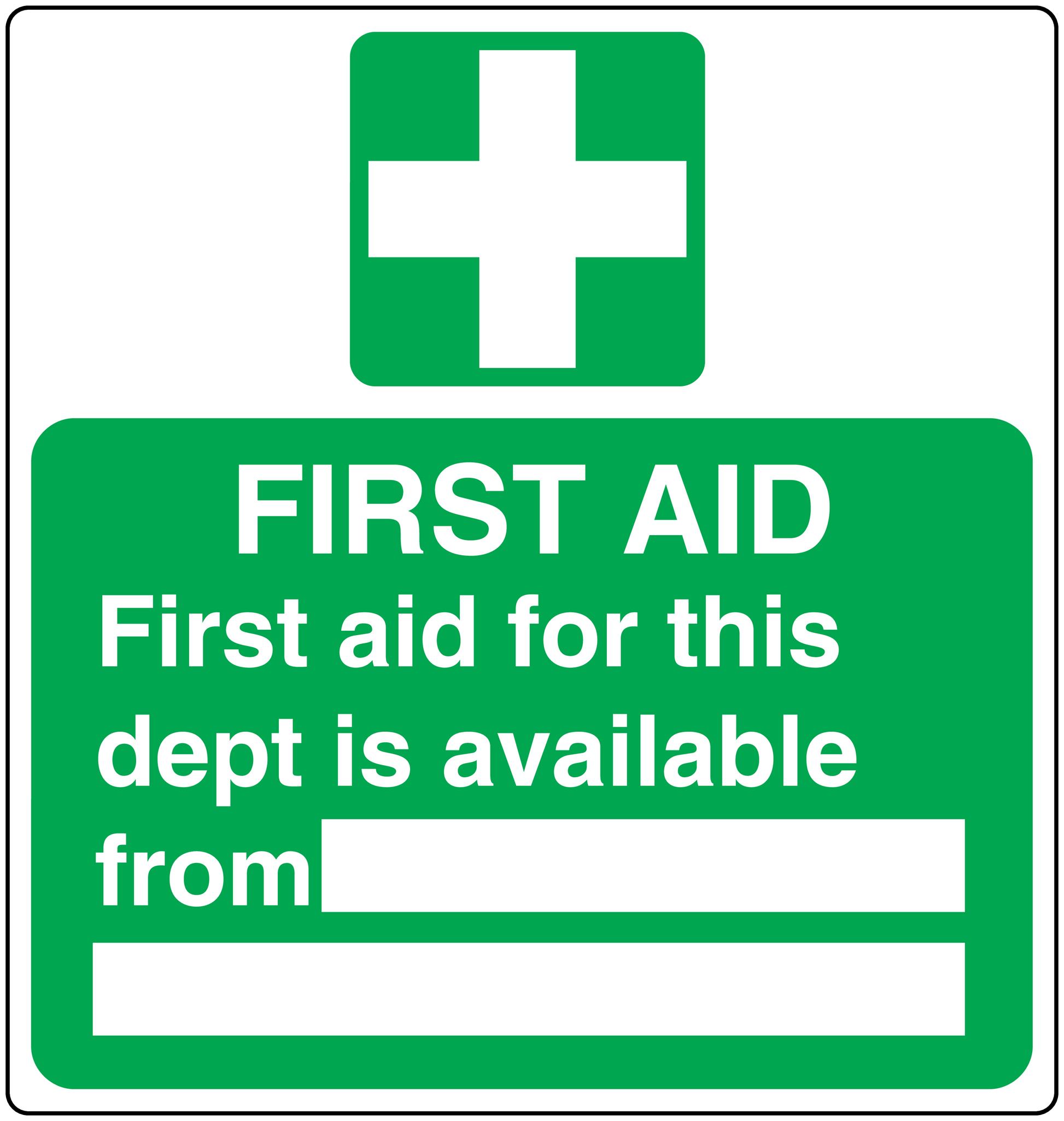 Green first aid sign sticker with white medical cross and text