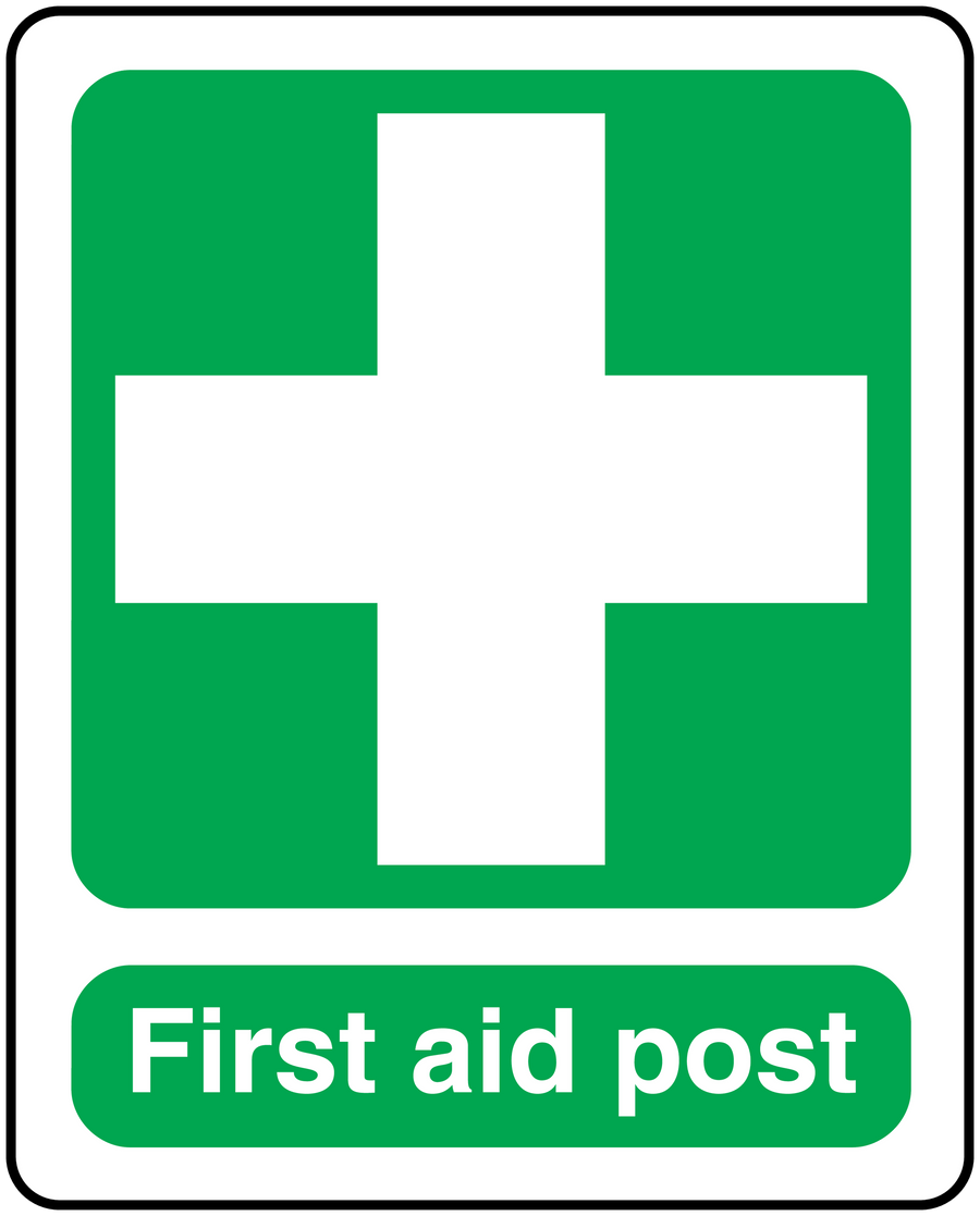 First aid post sticker with green cross and 'First aid post' text on white border