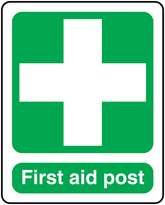 First aid post sticker with green cross and 'First aid post' text on white border