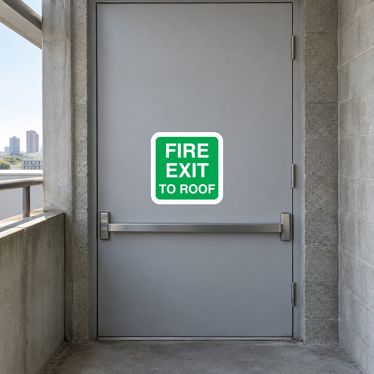 Fire exit to roof sticker with green border and white text reading “FIRE EXIT TO ROOF”