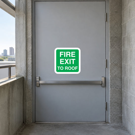 Fire exit to roof sticker with green border and white text reading “FIRE EXIT TO ROOF”