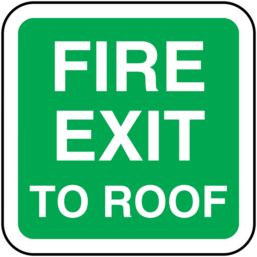 Green fire exit to roof sticker with bold white text, square border