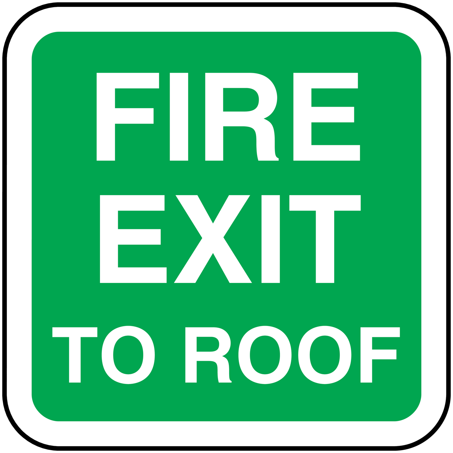 Green fire exit to roof sticker with bold white text, square border