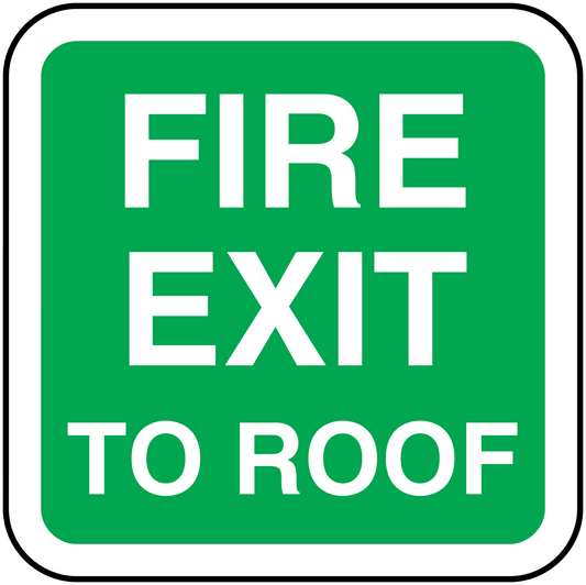 Green fire exit to roof sticker with bold white text, square border