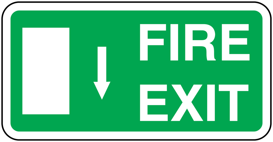 Green fire exit down sticker with white border, FIRE EXIT text, and down arrow