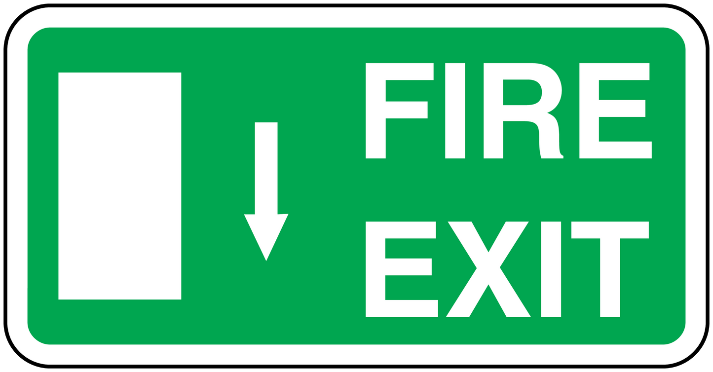 Green fire exit down sticker with white border, FIRE EXIT text, and down arrow