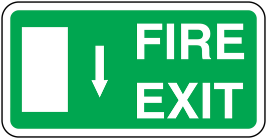Green fire exit down sticker with white border, FIRE EXIT text, and down arrow