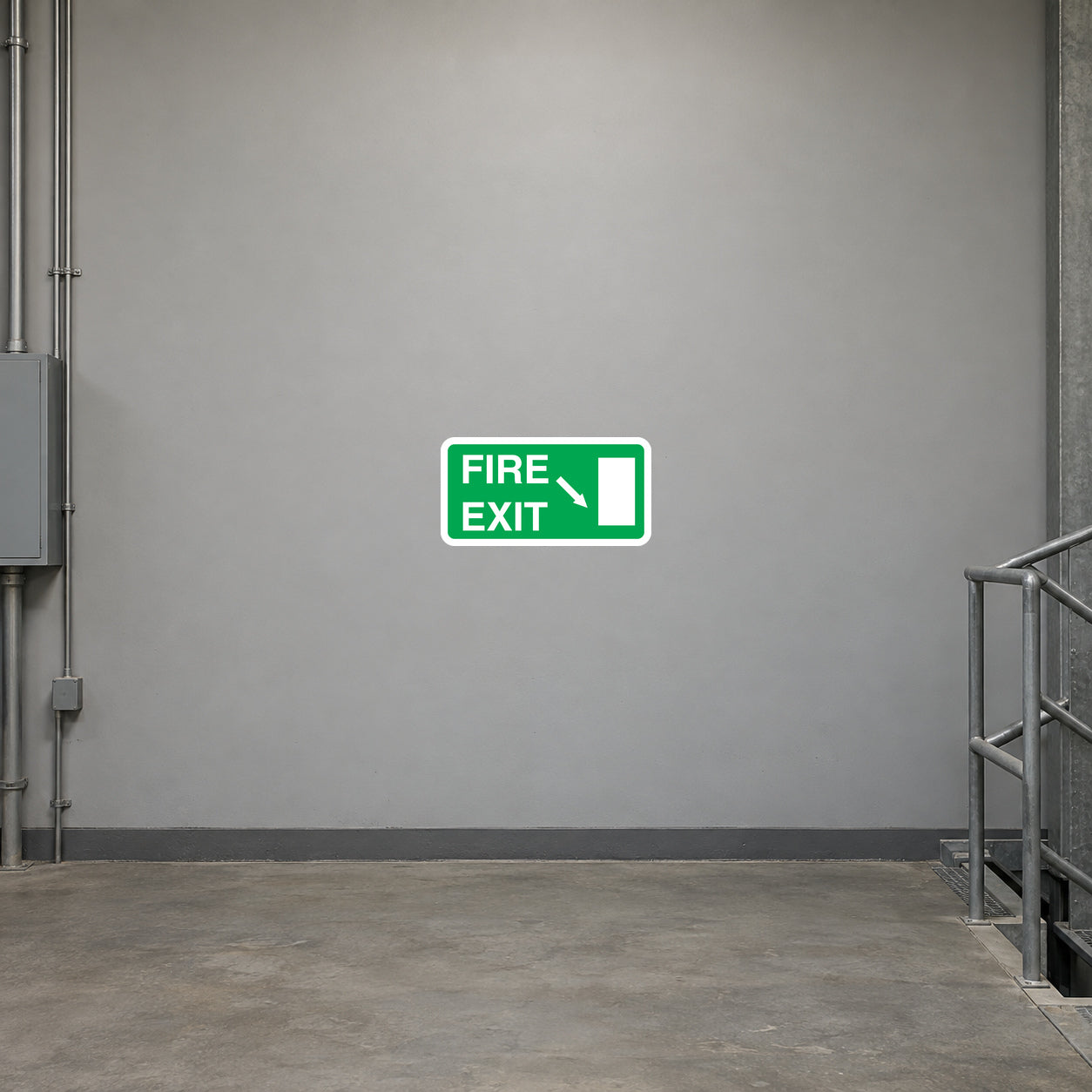 Green fire exit sticker with down arrow and exit icon