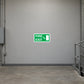 Green fire exit sticker with down arrow and exit icon