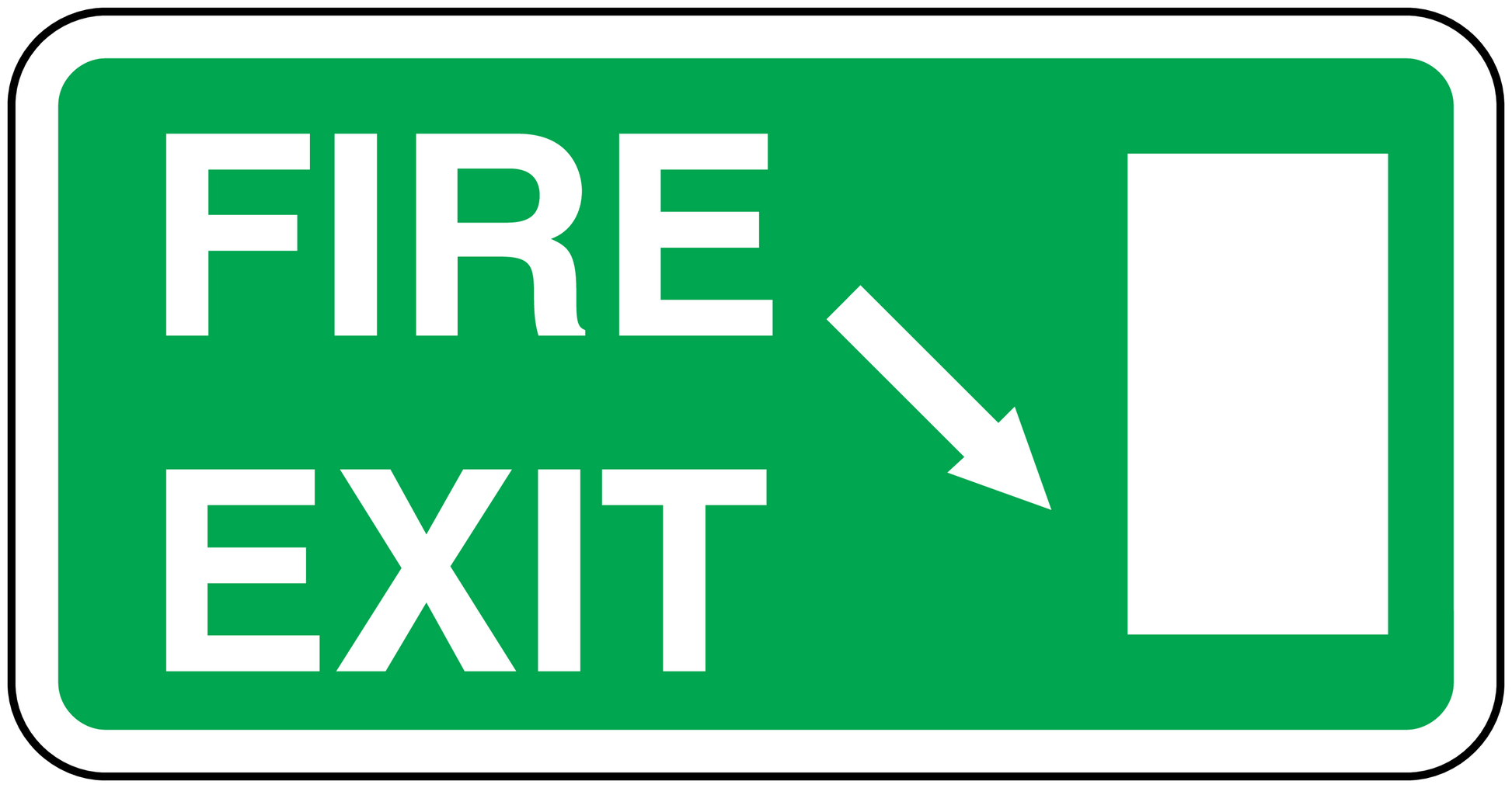 Green fire exit sticker with white “FIRE EXIT” text and down arrow