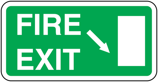Green fire exit sticker with white “FIRE EXIT” text and down arrow