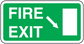 Green fire exit sticker with white “FIRE EXIT” text and down arrow