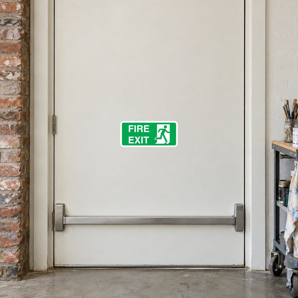 Fire exit door sticker with green FIRE EXIT text and running person icon