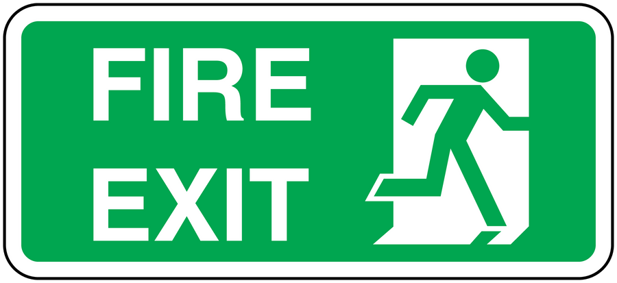 Green fire exit door sticker with white FIRE EXIT text and running person icon