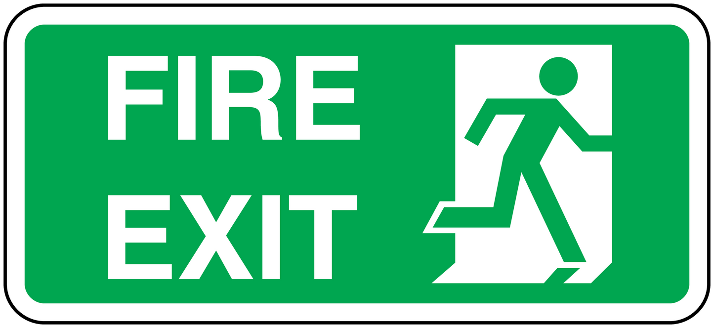 Green fire exit door sticker with white FIRE EXIT text and running person icon