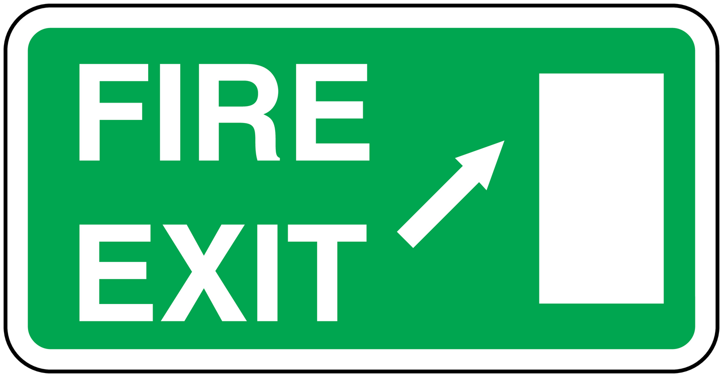 Fire exit up sticker with green sign, white border, “FIRE EXIT” text, and up arrow