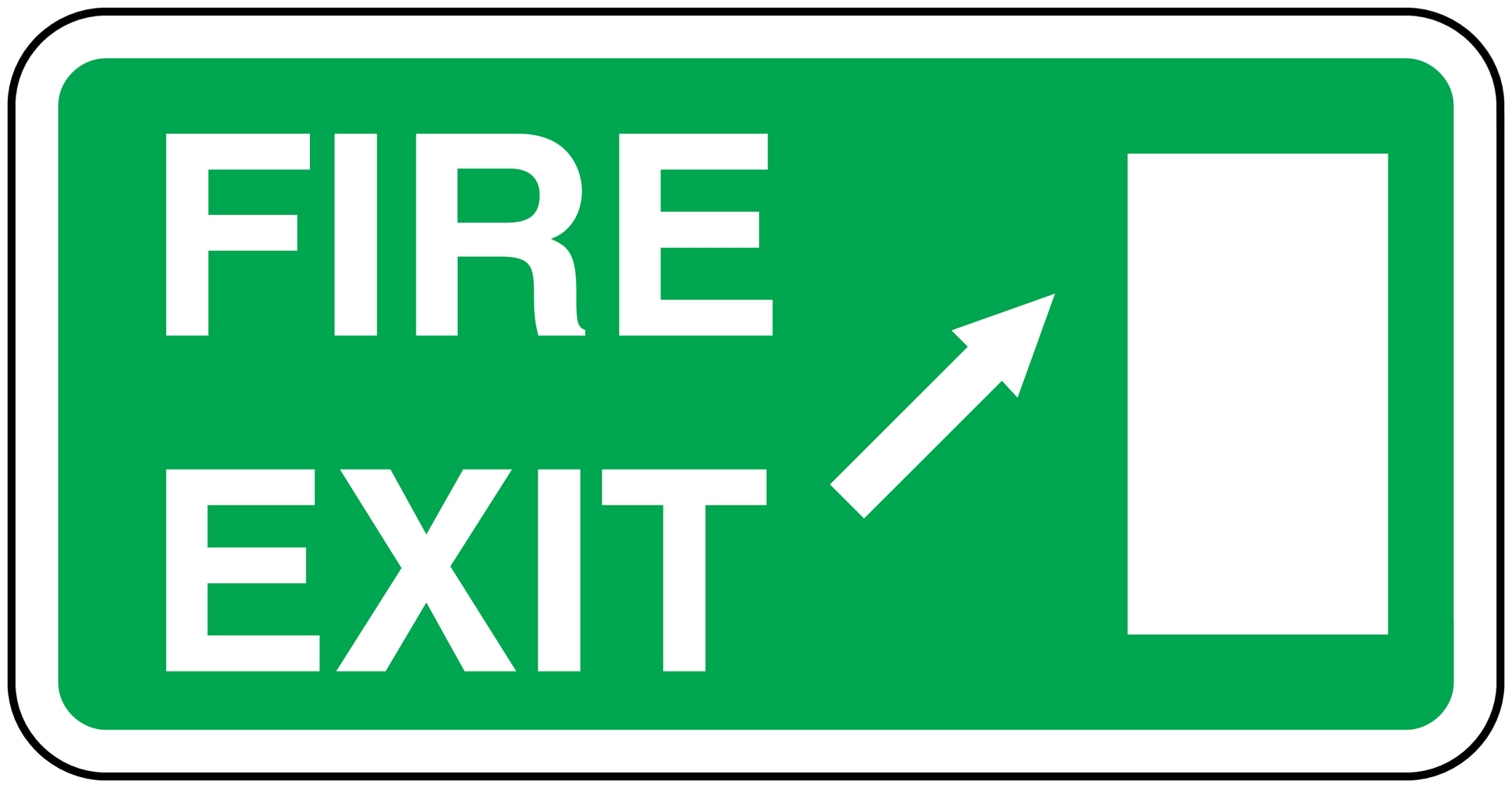 Fire exit up sticker with green sign, white border, “FIRE EXIT” text, and up arrow