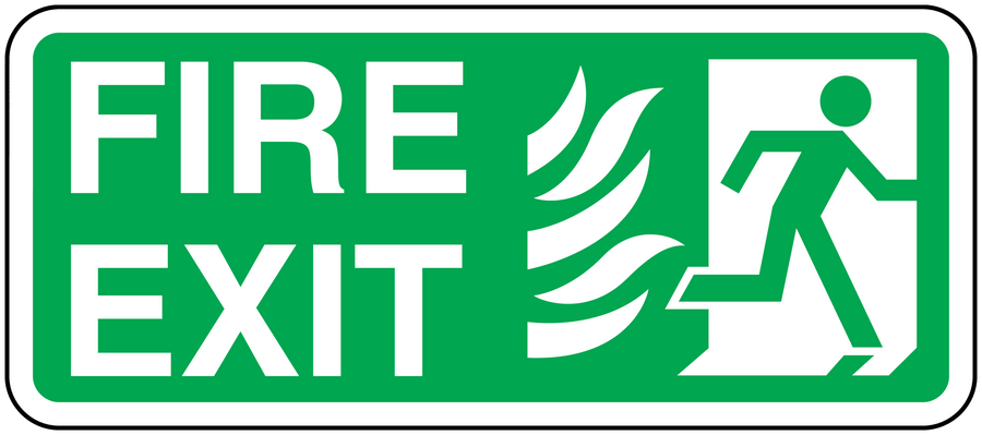 Green fire exit sticker with flaming running figure, white FIRE EXIT text on border