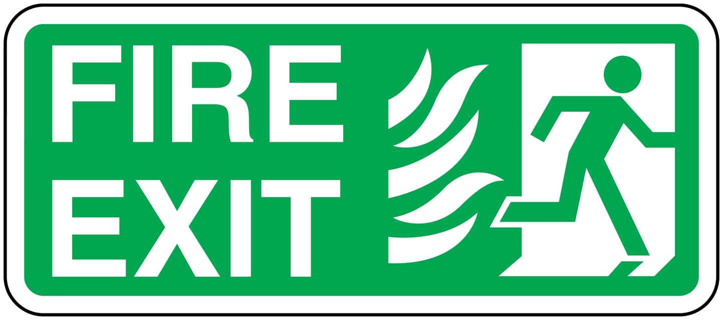 Green fire exit sticker with flaming running figure, white FIRE EXIT text on border