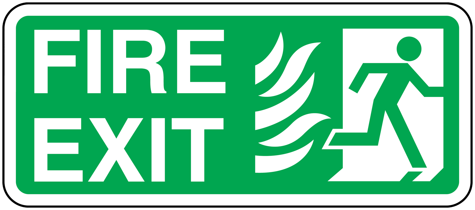 Green fire exit sticker with flaming running figure, white FIRE EXIT text on border