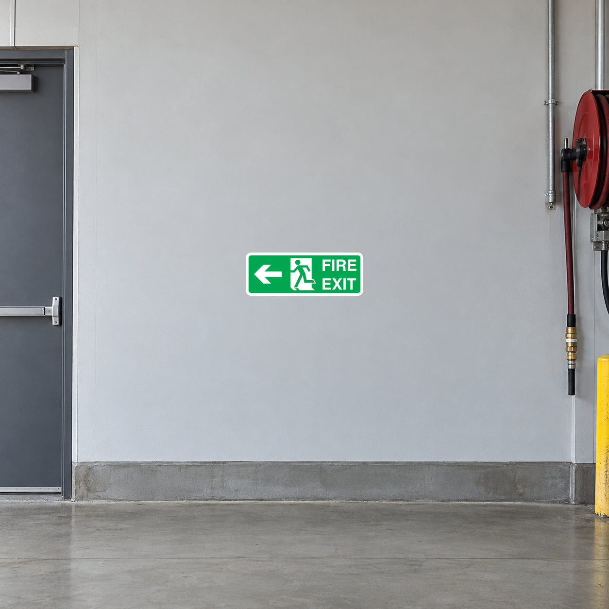 Green fire exit direction sticker with running figure, left arrow, FIRE EXIT text
