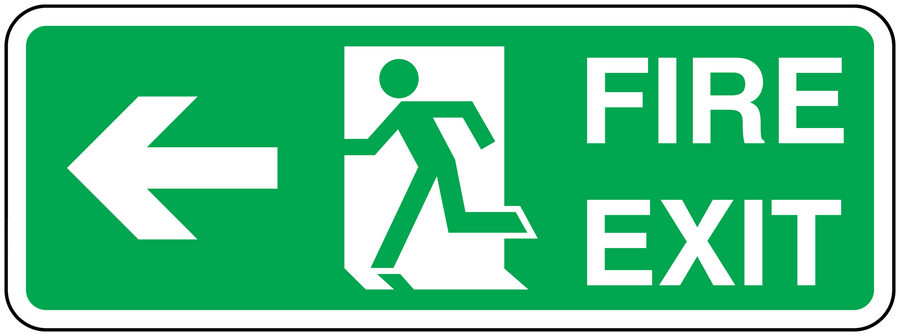 Green fire exit way sticker with left arrow and running figure; FIRE EXIT text