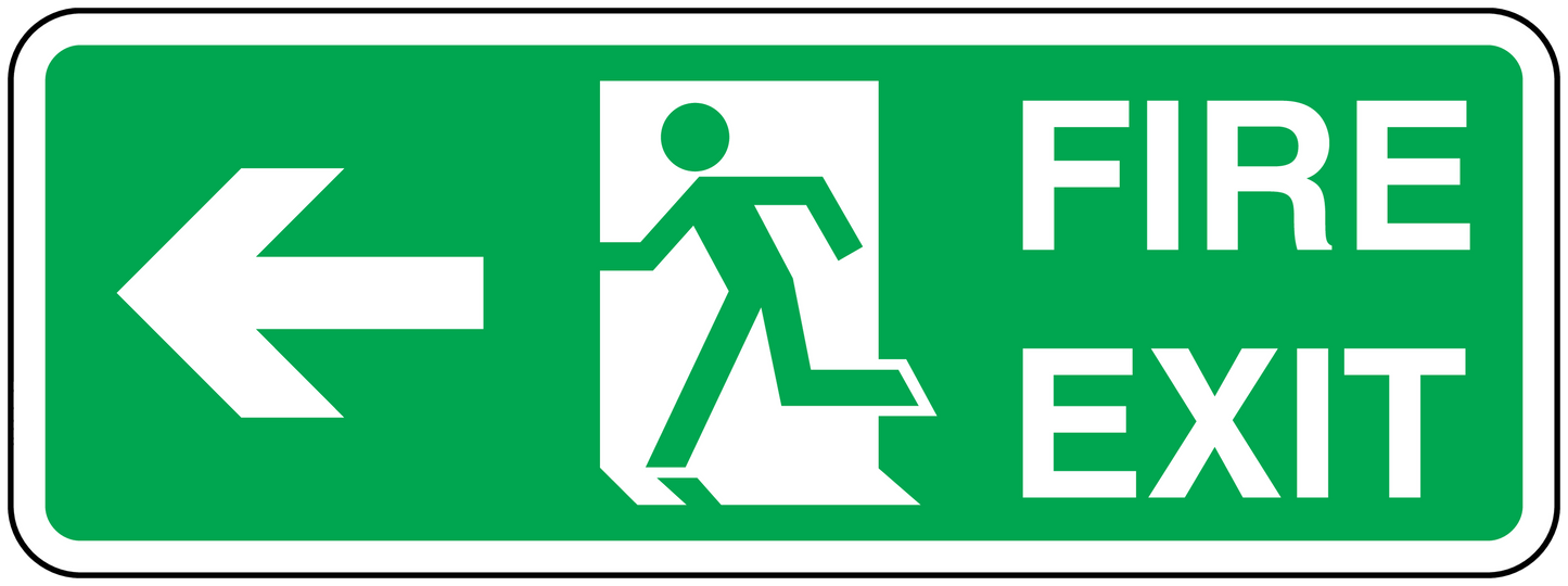 Green fire exit way sticker with left arrow and running figure; FIRE EXIT text