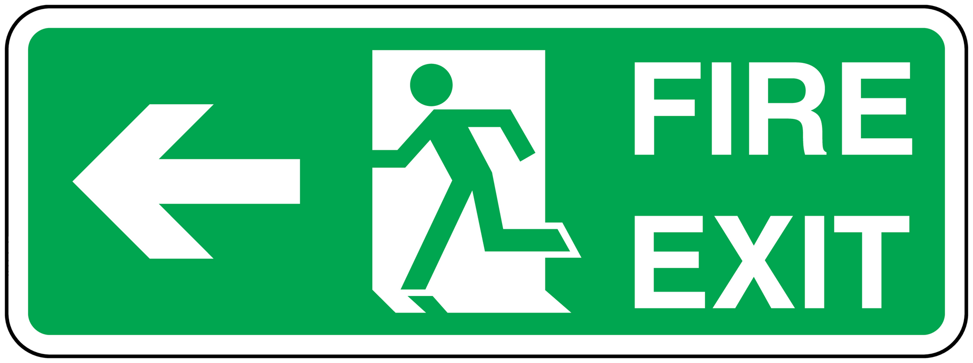 Green fire exit way sticker with left arrow and running figure; FIRE EXIT text