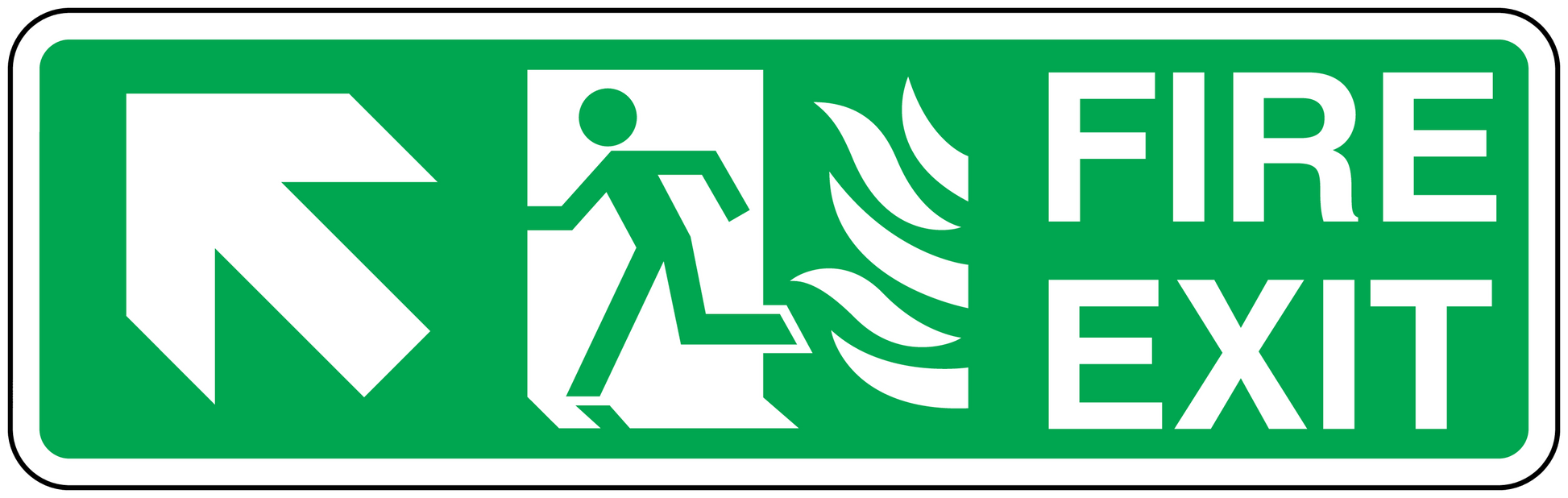 Fire exit sticker with arrow, running figure, flames, and FIRE EXIT text