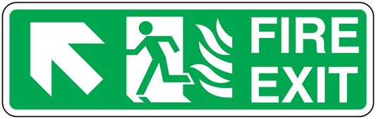 Fire exit sticker with arrow, running figure, flames, and FIRE EXIT text