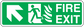 Fire exit sticker with arrow, running figure, flames, and FIRE EXIT text