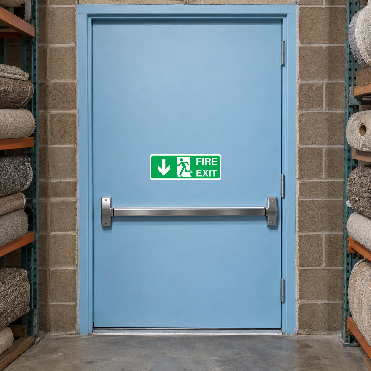 Fire exit downstairs sticker with green “Fire Exit” down arrow safety sign