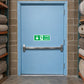 Fire exit downstairs sticker with green “Fire Exit” down arrow safety sign