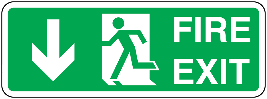 Green fire exit downstairs sticker with white arrow down, person icon, and FIRE EXIT text