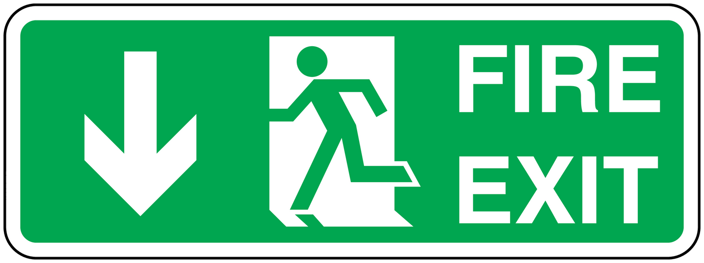 Green fire exit downstairs sticker with white arrow down, person icon, and FIRE EXIT text