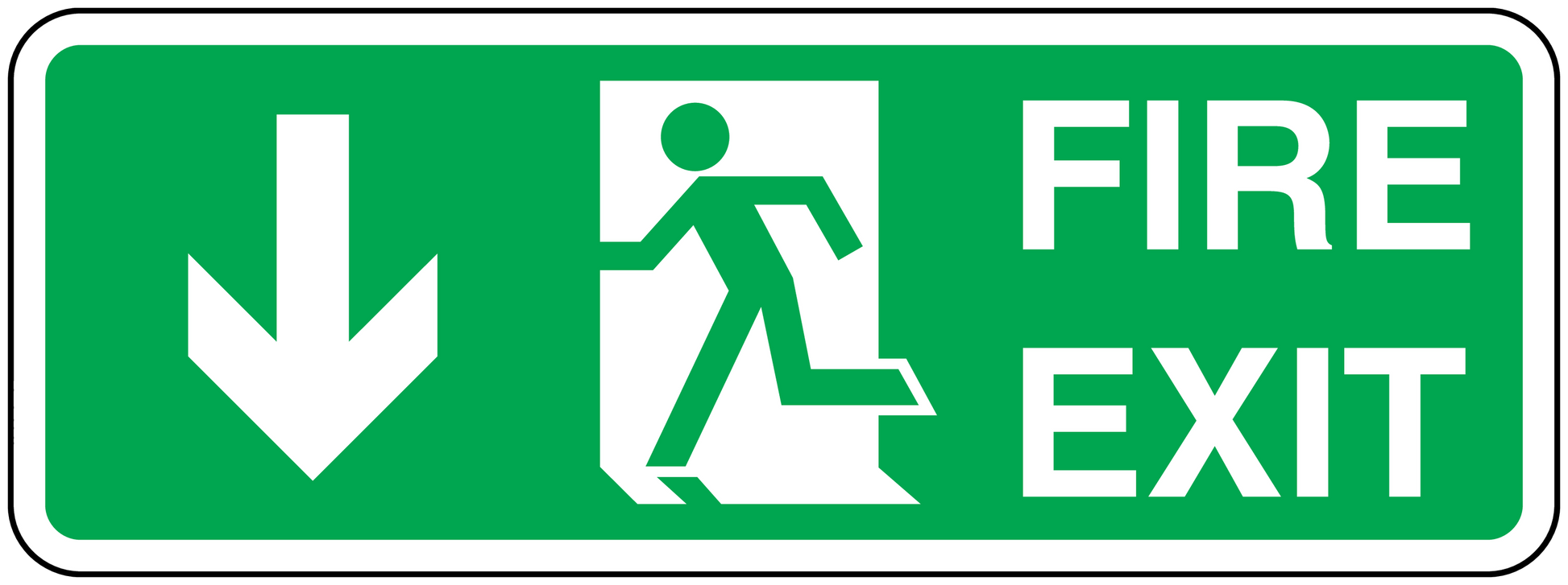 Green fire exit downstairs sticker with white arrow down, person icon, and FIRE EXIT text