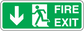 Green fire exit downstairs sticker with white arrow down, person icon, and FIRE EXIT text