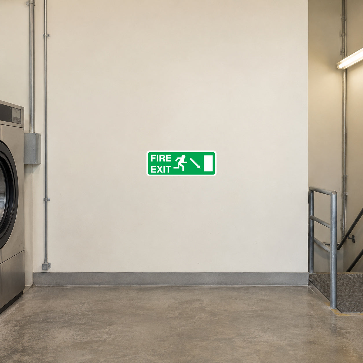 Fire exit down sticker with green sign, arrow, and FIRE EXIT text