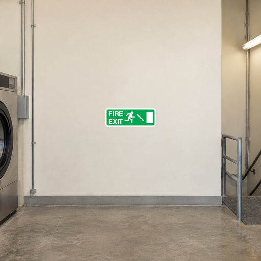 Fire exit down sticker with green sign, arrow, and FIRE EXIT text