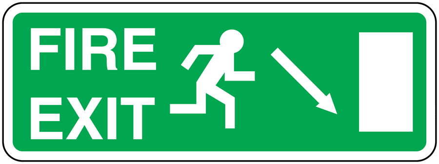 Fire exit down sticker with white arrow pointing down and EXIT text