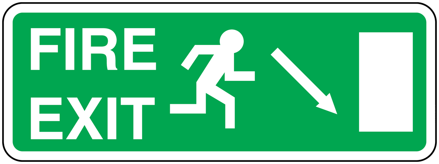 Fire exit down sticker with white arrow pointing down and EXIT text