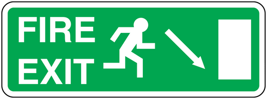 Fire exit down sticker with white arrow pointing down and EXIT text