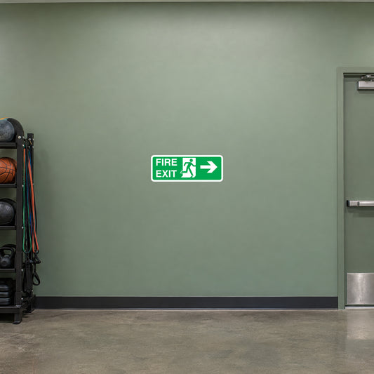 Green fire exit rectangle sticker with white running person icon, FIRE EXIT text, right arrow