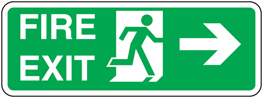 Green rectangular fire exit sticker with FIRE EXIT text, running figure, and right arrow
