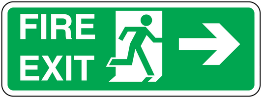 Green rectangular fire exit sticker with FIRE EXIT text, running figure, and right arrow