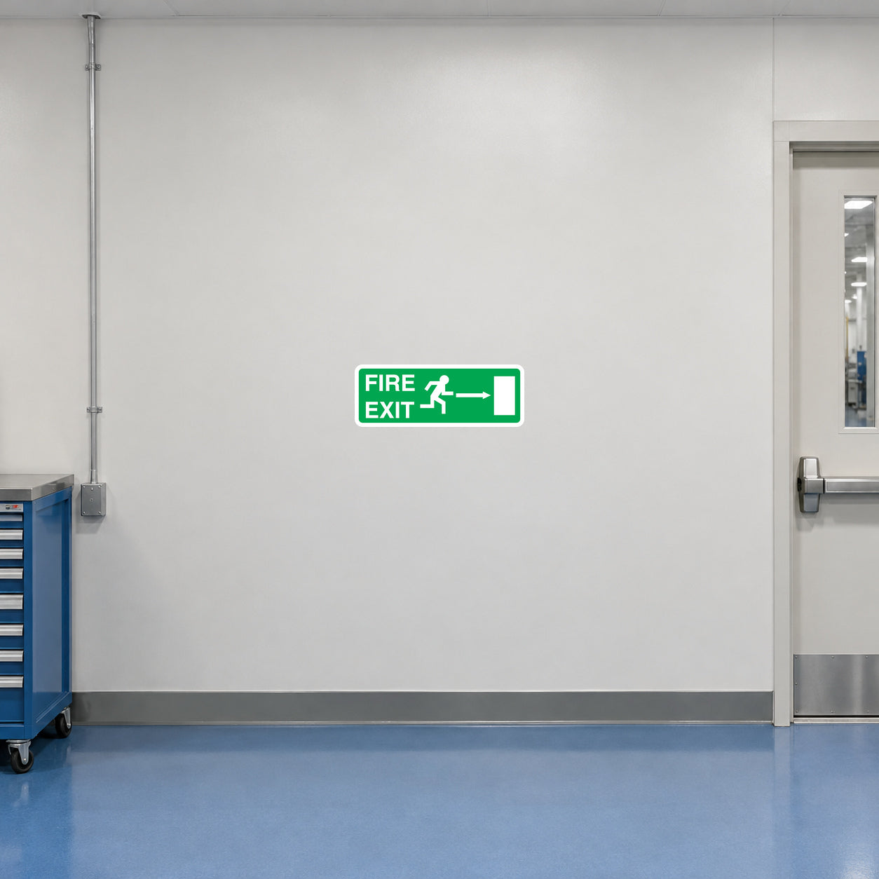 Fire exit sticker, green and white, 'FIRE EXIT' with running figure and arrow