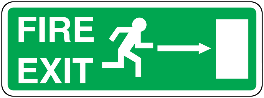 Green fire exit sticker with white FIRE EXIT text, arrows, and door icon
